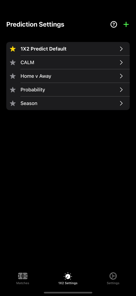 1X2 Predict - Prediction settings screen in the 1X2 Predict app showing customizable algorithm options