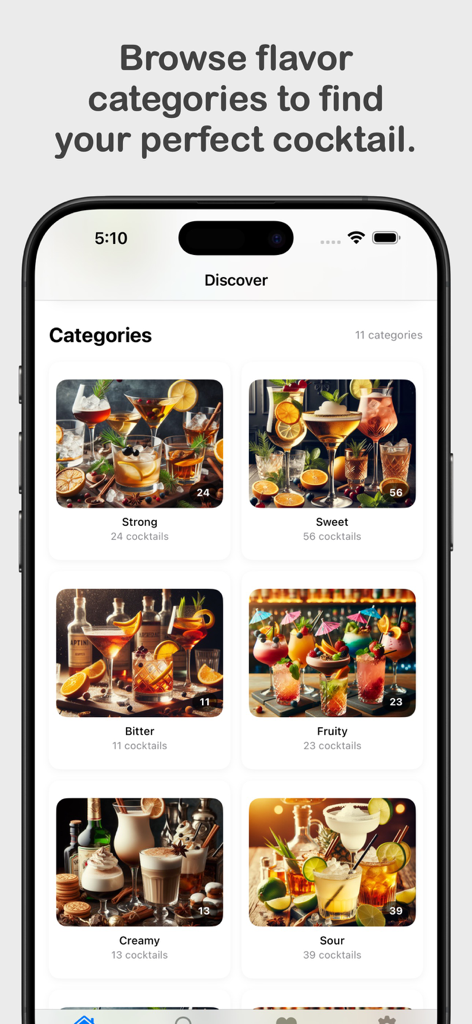 Cocktail Codex - Explora cócteles por categorías de sabor como fuerte, dulce y afrutado en la aplicación Cocktail Codex.