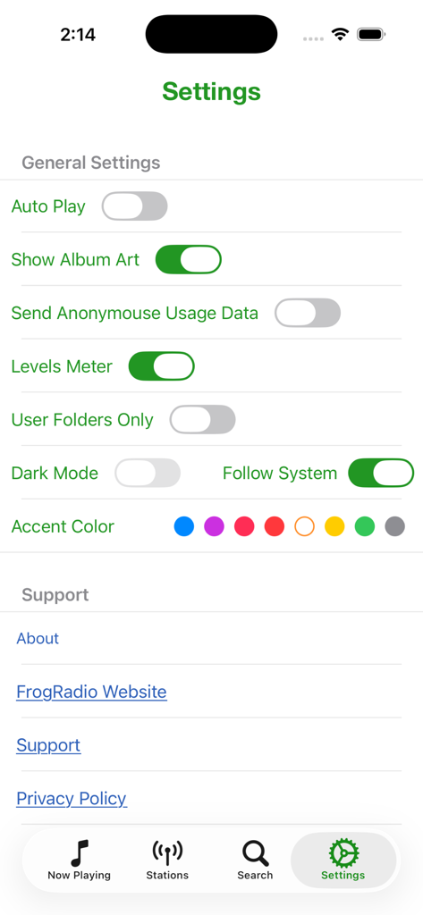 FrogRadio app settings menu showing general settings and support links