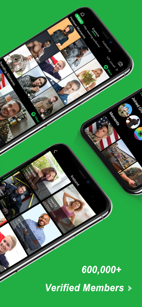 Military Dating App - MD Date - Interfaz de la aplicación MD Date con perfiles de personal militar y 600.000 miembros verificados.