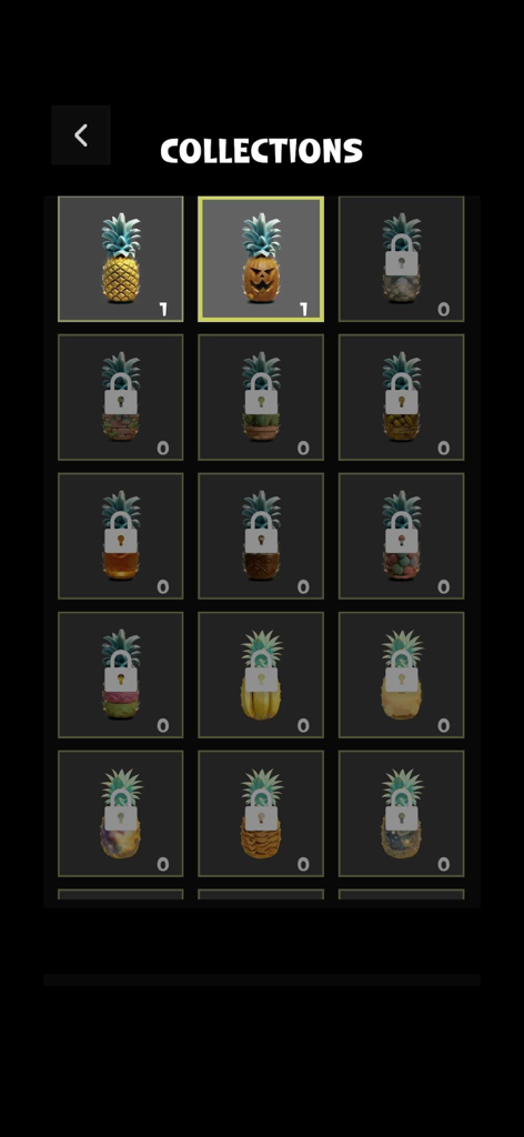 In-game collections menu showing unlocked and locked pineapple skins in Crazy Banana GO
