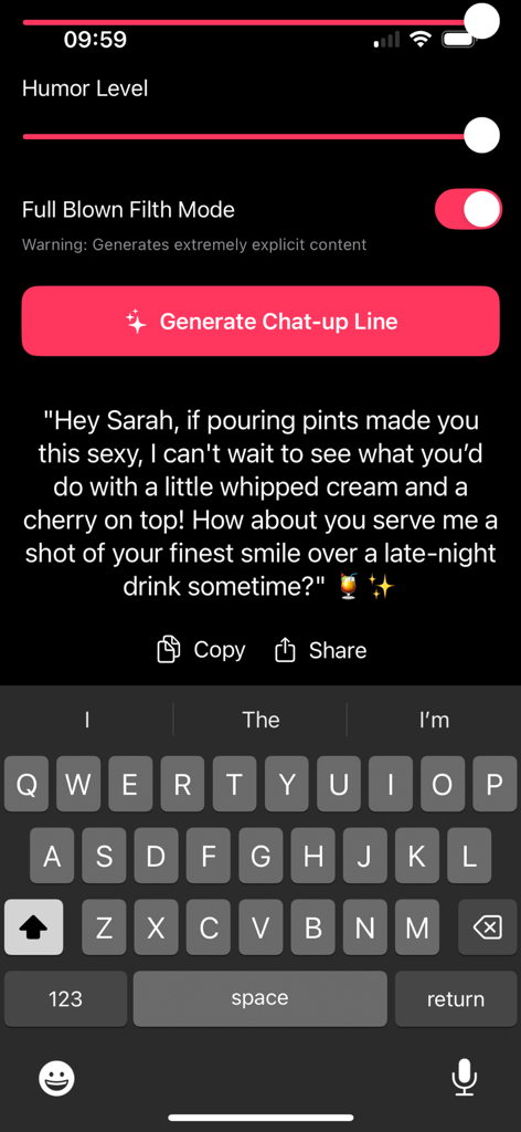 Sinners Whisper - Interfaccia dell'app Sinners Whisper che mostra una battuta di approccio piccante generata con la modalità Full Blown Filth attivata.