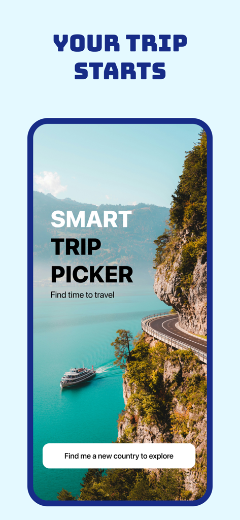 Merro - Interfaz de la aplicación de viajes Merro que muestra la herramienta de selección de viajes inteligentes sobre un paisaje escénico