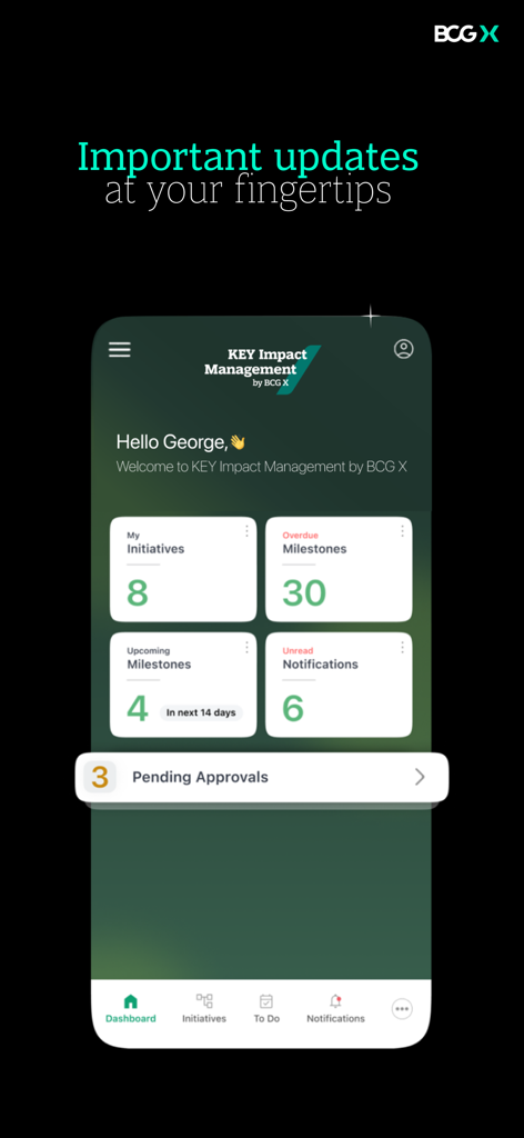 KEY Impact Management by BCG X - Dashboard view of the KEY Impact Management app showing corporate initiative metrics and pending approvals