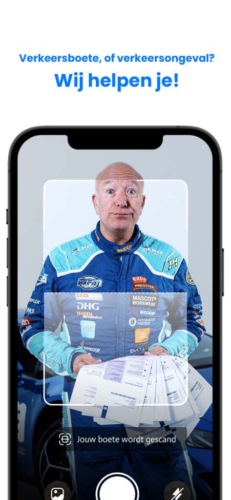 Smartphone screen displaying the Bonnetje app scanning a traffic fine held by a man in a racing suit