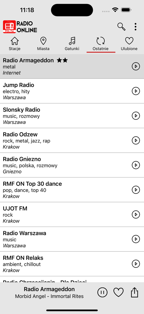 Radio Internetowe - Interface de aplicação móvel mostrando uma lista de estações de rádio polacas tocadas recentemente, incluindo Radio Armageddon e Jump Radio.