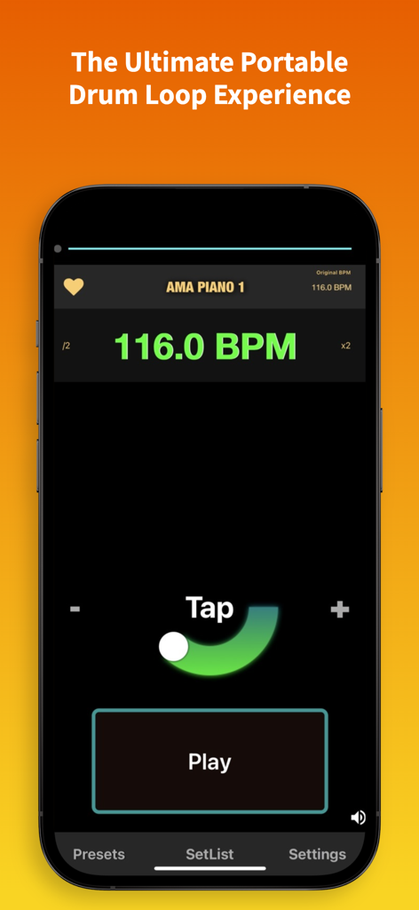 Groovy Loopz Pro mobile interface showing BPM display and tap tempo control