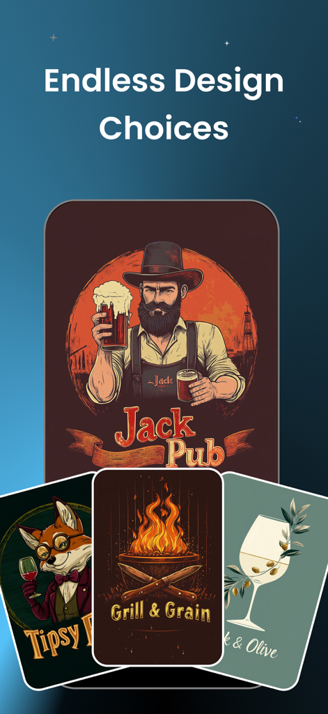 AI Logo Generator ⋅ Logo Maker - Una colección de logos generados por IA para diferentes negocios como pubs y restaurantes