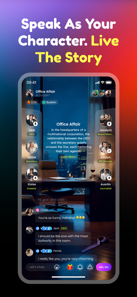 Interface of the Oumi app showing a character-driven roleplay story titled Office Affair with a live chat and diverse character roles like CEO and Secretary.
