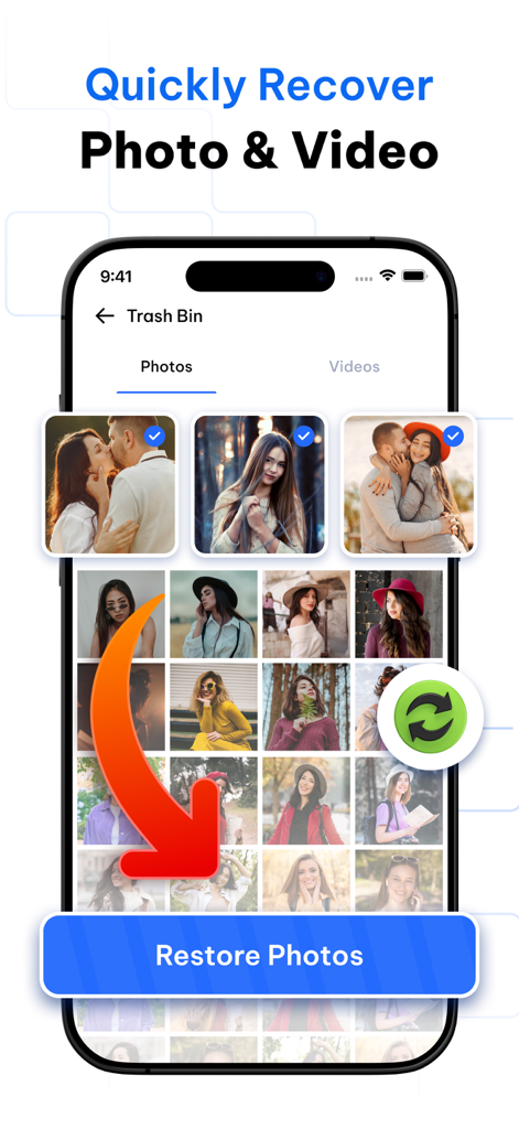 File Manager: Vault & Explorer - Interface of the File Manager app showing the trash bin and photo recovery feature with a restore button