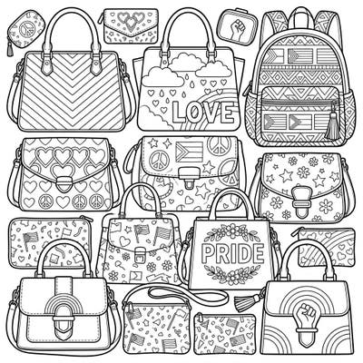 Dive into a vibrant celebration of diversity with this unique collection of Pride-themed handbags. Each page offers intricate designs featuring rainbows, flags, and symbols of love, perfect for expressing your creativity.
