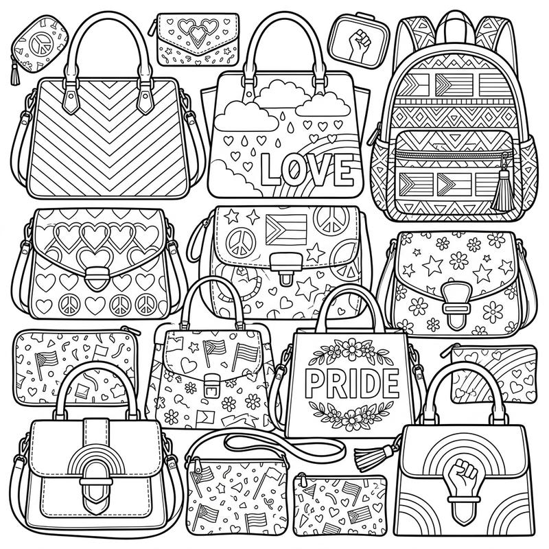 Dive into a vibrant celebration of diversity with this unique collection of Pride-themed handbags. Each page offers intricate designs featuring rainbows, flags, and symbols of love, perfect for expressing your creativity.