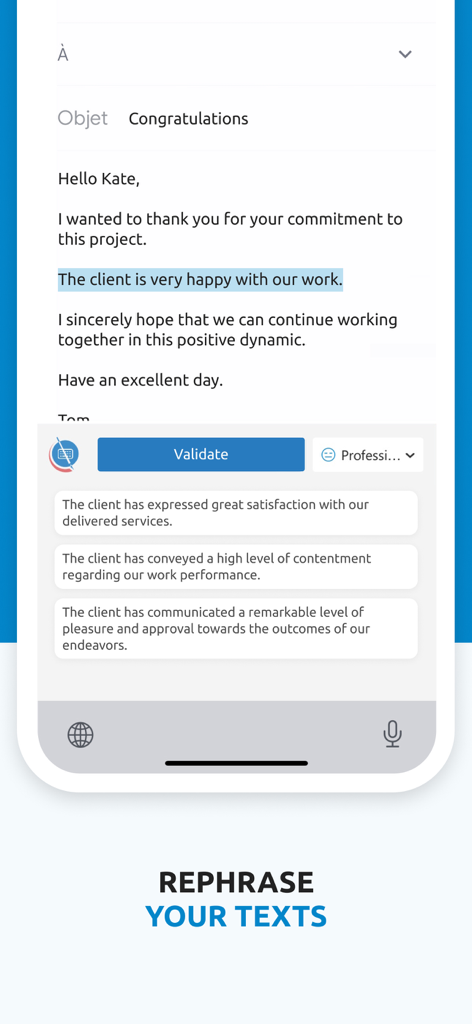 Scribens - Correcteur - Scribens app showing professional text rephrasing options for an email
