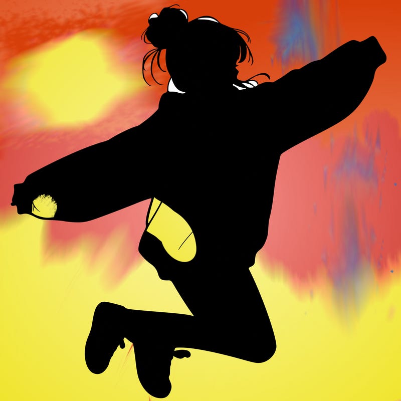 realistic girl jumping with a bun and oversized sweatshirt