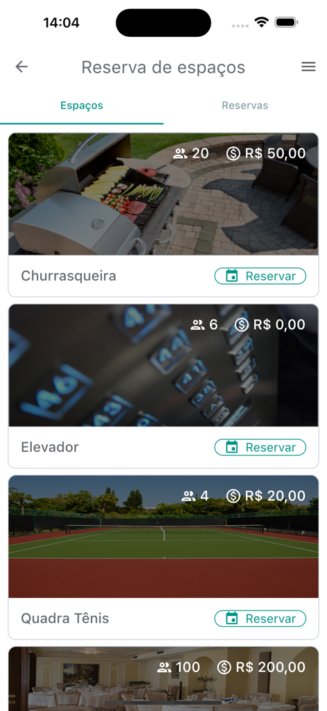 ADMPARANÁ - Interface of ADMPARANA app showing common area reservation options for a barbecue area and tennis court.