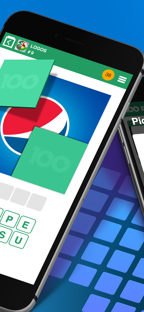 100 PICS Quiz mobile game showing a logo identification puzzle with letter tiles.