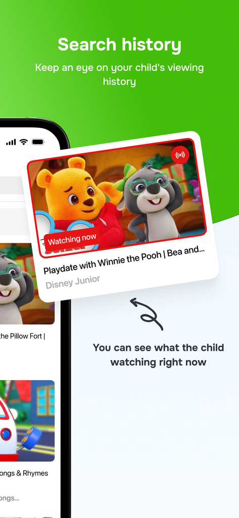 Parental control dashboard showing live child viewing history on Kids TV app