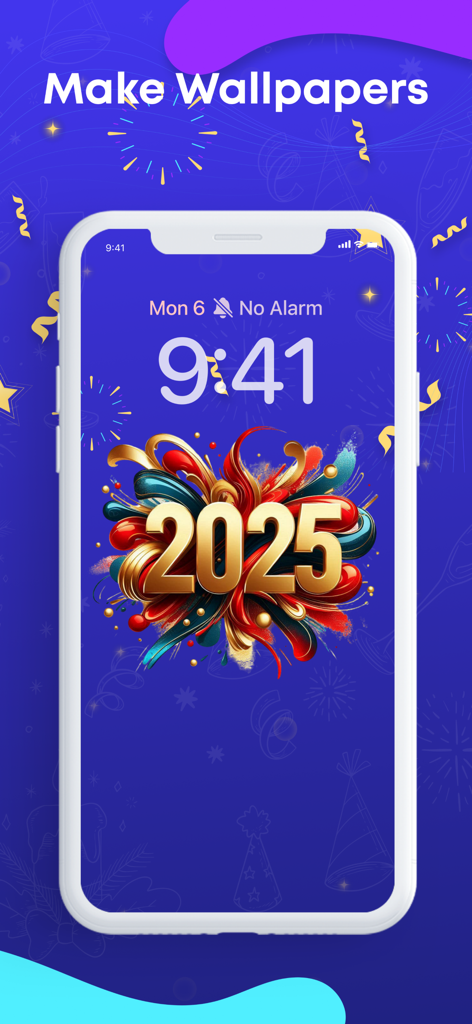 カスタム2025年のお祝い用壁紙デザインを表示するiPhone画面