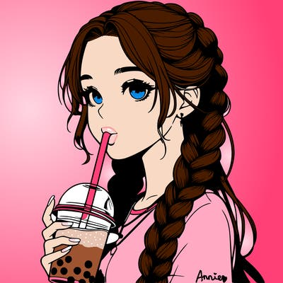 realistic girl with braided hair drinking boba
