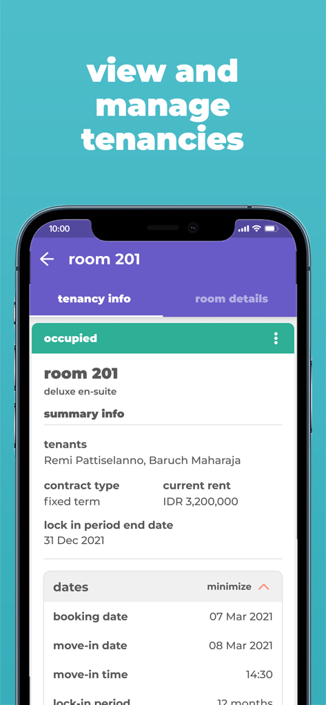 Cove Property Management App - Screenshot of the Cove Property Management App showing tenancy details for a specific room including tenant names and rent