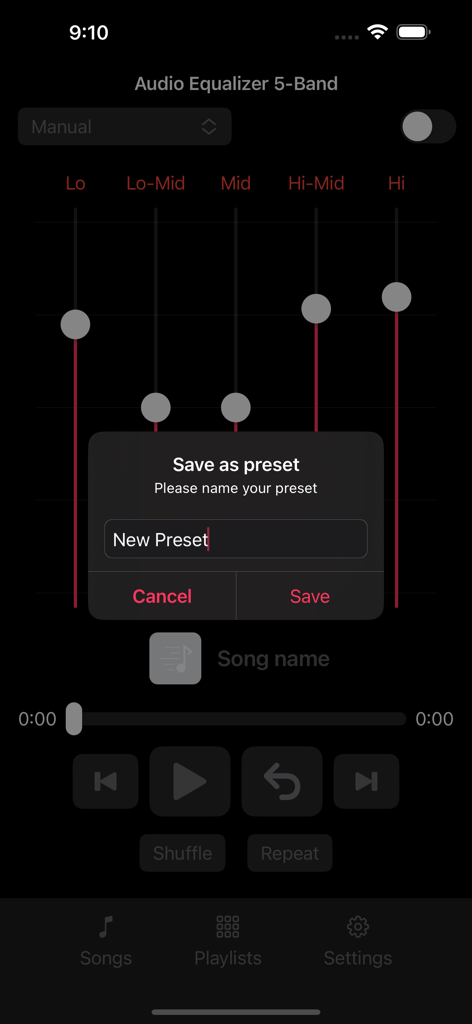 Audio Equalizer 5-Band - Custom preset save dialog on the Audio Equalizer 5-Band app for iOS