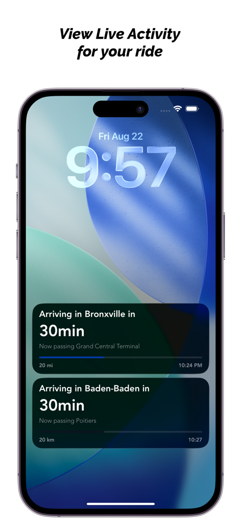 SNCF TGV Destinations - iPhone lock screen showing live train arrival alerts and travel progress from the SNCF TGV Destinations app