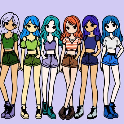 a group of girls wearing crop tops and shorts