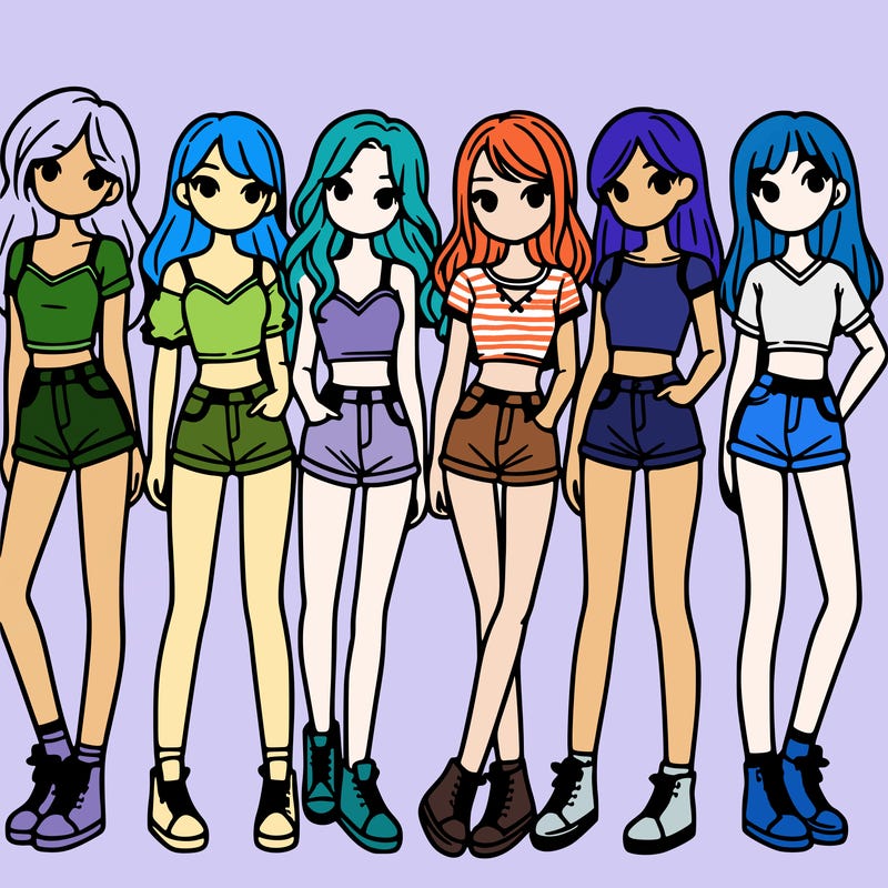 a group of girls wearing crop tops and shorts