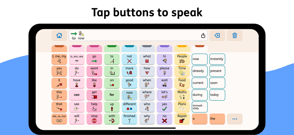 Proloquo AAC App-Oberfläche mit einem bunten Raster von Wort- und Symbolschaltflächen zur Sprachunterstützung
