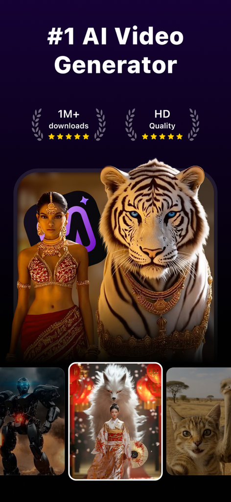 Mediamax App-Bildschirm mit hochauflösenden KI-generierten Bildern einer Frau mit einem Tiger und anderen kreativen visuellen Inhalten