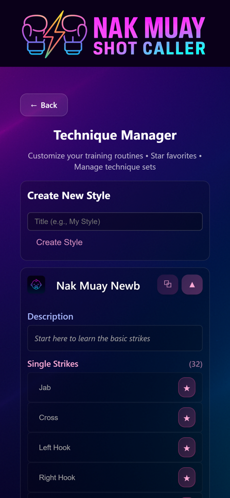 Shot Caller Nak Muay - Pantalla del Administrador de Técnicas en la aplicación Shot Caller Nak Muay que muestra una lista de golpes básicos como Jab y Cross