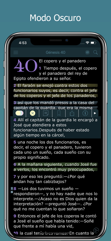 La Biblia NVI - Bible en Audio - Smartphone screen showing the La Biblia NVI app in dark mode with Spanish text from Genesis 40 highlighted.