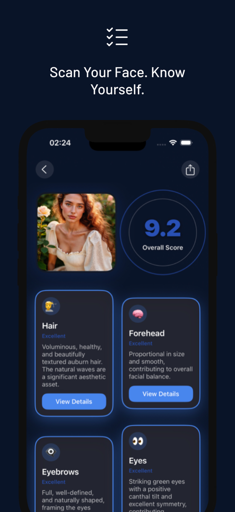 AuraFaceアプリのインターフェース、全体スコアと特徴の詳細を表示する顔分析レポートを表示