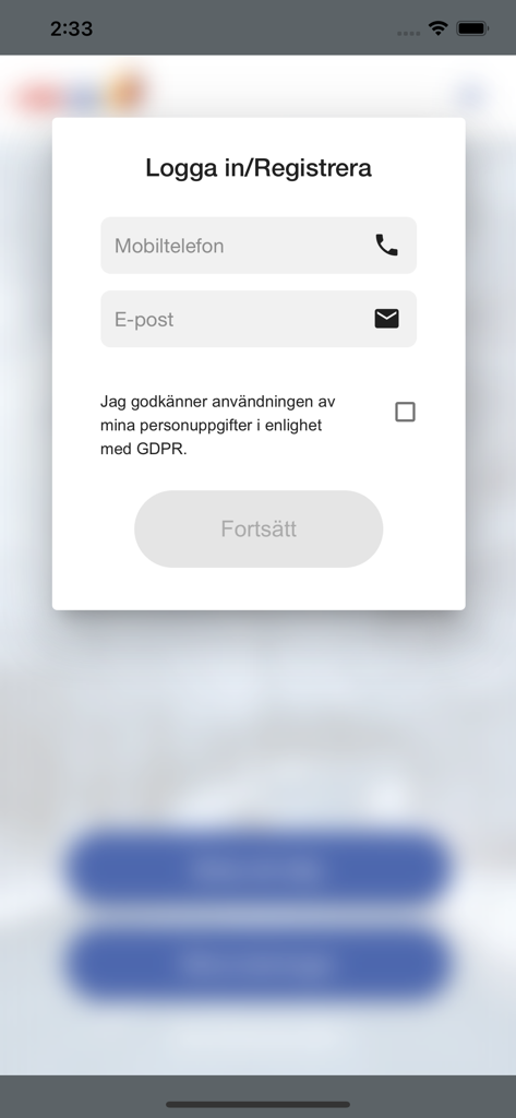Schermata di accesso e registrazione per l'app di noleggio rimorchi OKQ8 Släp