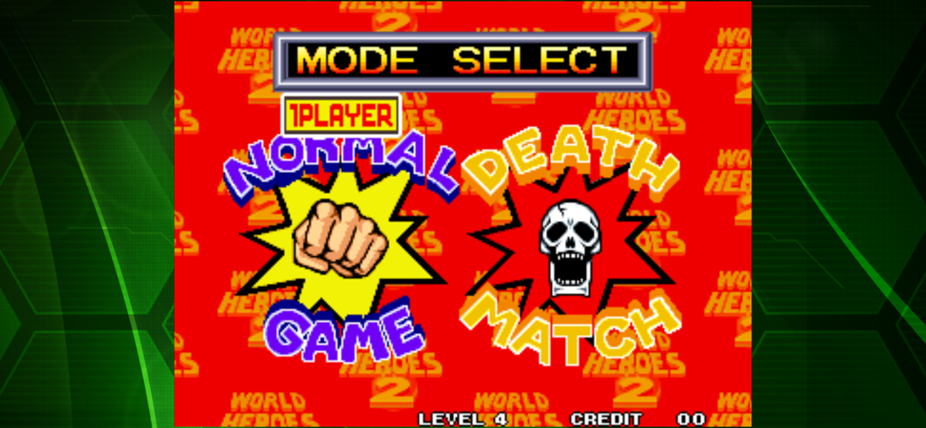 WORLD HEROES 2 ACA NEOGEO - La schermata di selezione della modalità di World Heroes 2 con le opzioni Normal Game e Death Match.