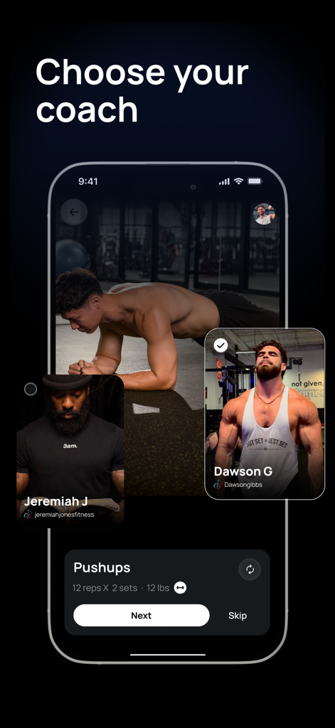 Swole AI app screen for choosing a fitness coach with exercise details