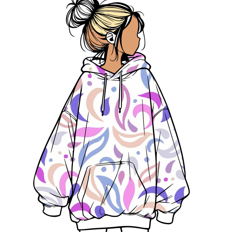 realistic girl with a oversized sweatshirt on and a bun