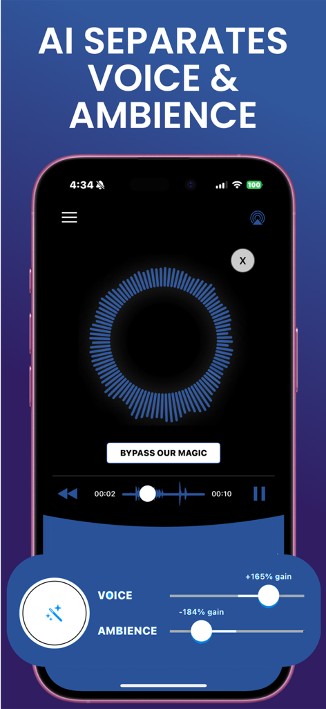 Podcast Cleaner AI Denoise Fix - Podcast Cleaner app interface showing AI sliders for separating voice and ambience with a circular waveform display.