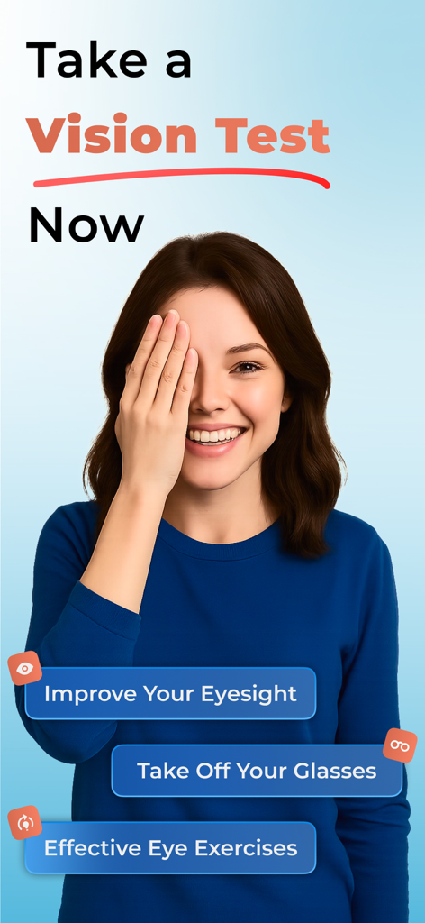Eye Test & Exercises :Vision 7 - Una mujer sonriente tapándose un ojo mientras se realiza un examen de visión con la aplicación Vision 7