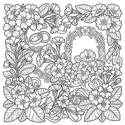 Immerse yourself in the delicate beauty of primroses entwined with elegant wedding symbols. This sophisticated coloring page offers a tranquil escape, perfect for adult colorists seeking a mindful and creative activity.