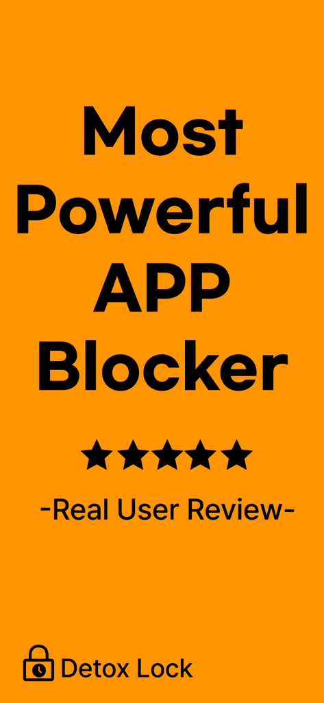 DetoxLock marketing graphic for the most powerful app blocker with a five star user review rating