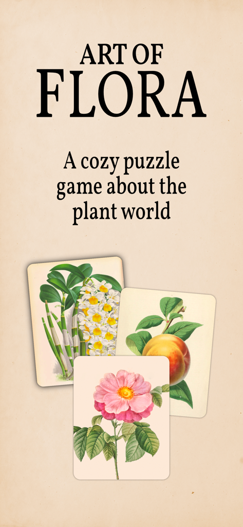Art of Flora: Cozy Puzzles - Pantalla de título del juego de puzzles acogedores Art of Flora con ilustraciones botánicas vintage de flores y frutas.