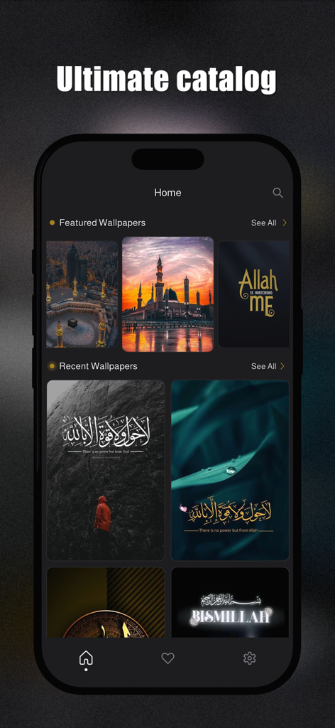Islamic wallpaper 4K - Islamic wallpaper 4K app interface showing a catalog of featured and recent religious backgrounds