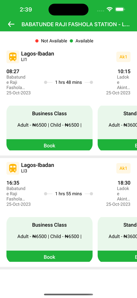 NRC LITS ticket Booking App - NRC LITS app interface showing train schedules and ticket prices for Lagos to Ibadan