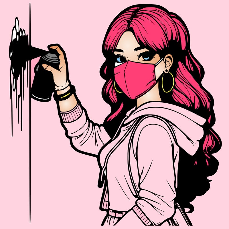 realistic girl with mask spray painting a wall