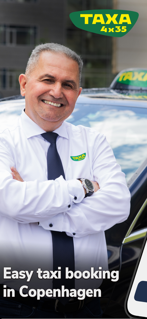 TAXA 4x35 - Easy taxi booking - A smiling professional taxi driver in a white shirt and tie standing in front of a TAXA 4x35 car in Copenhagen