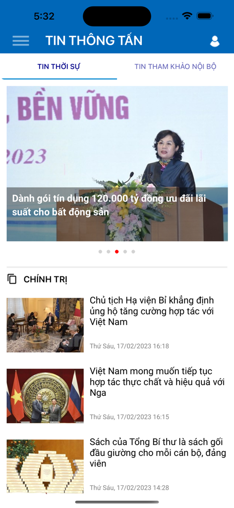 Oberfläche der offiziellen Nachrichten-App Tin Thong Tan, die vietnamesische Nachrichtenkategorien und Artikel anzeigt