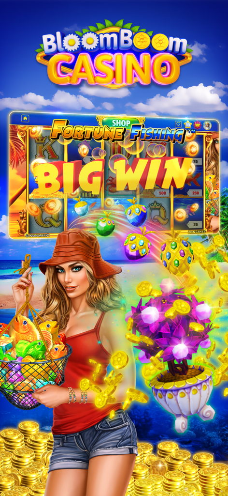 Bloom Boom Casino Online Slots - Captura de pantalla de la aplicación Bloom Boom Casino mostrando una gran ganancia en la tragamonedas Fortune Fishing con un personaje y una planta brillante mágica
