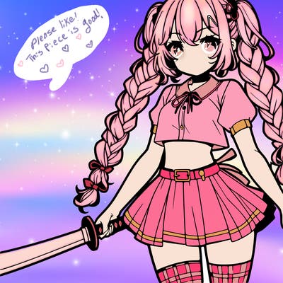 anime girl with chunky braids and sword with short skirt