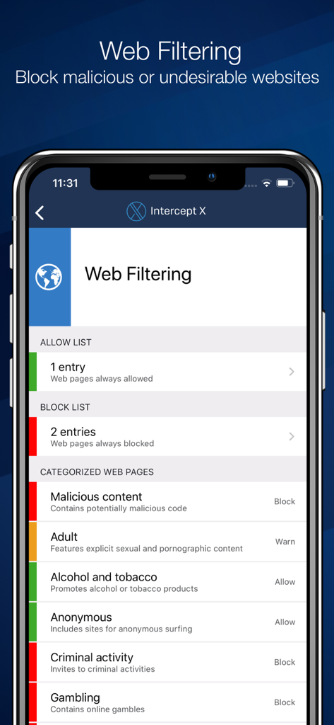 Sophos Intercept X for Mobile - Sophos Intercept X for Mobile web filtering interface showing categories for blocking malicious and undesirable websites